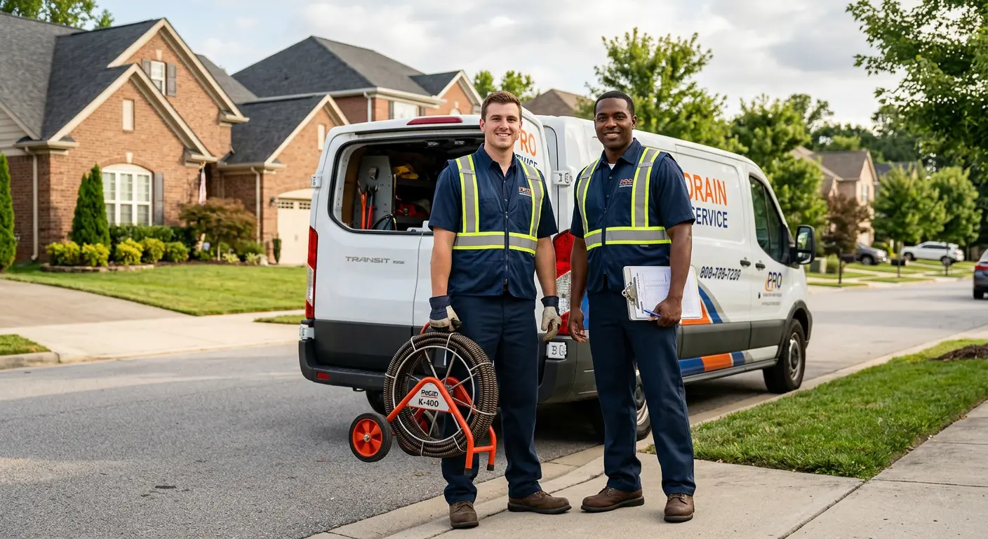 Sewer and drain service team with equipment ready for work in Landen
