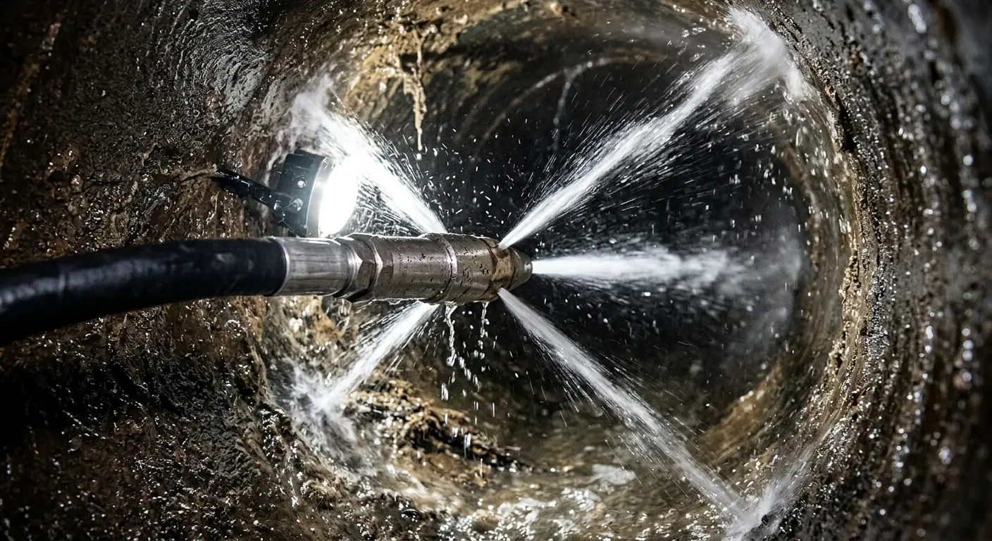 High-pressure hydro jetting nozzle cleaning sewer pipe for Trenchless Sewer Repair in Landen