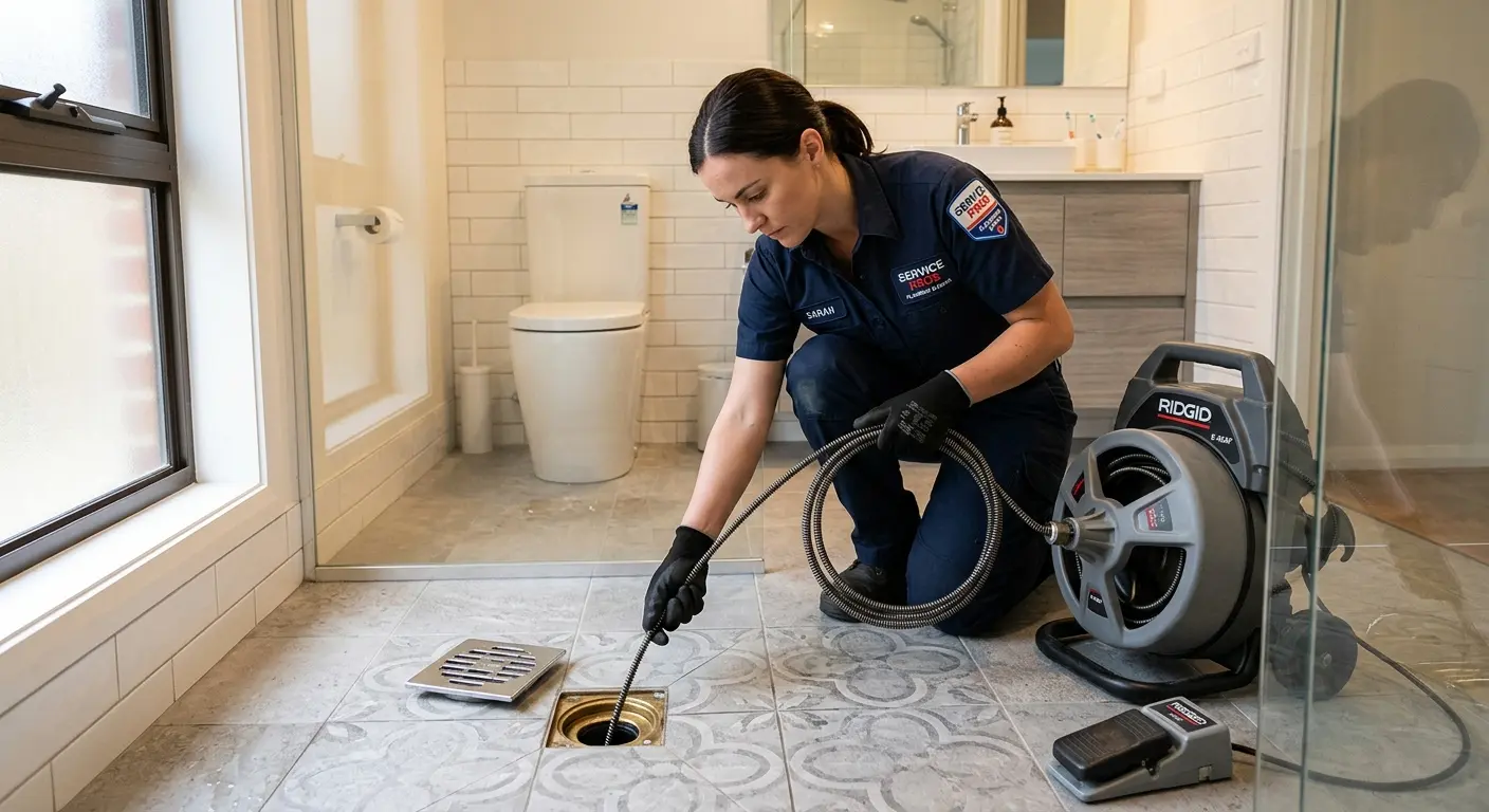 Technician clearing a bathroom floor drain for Clogged Drain Repair in Landen